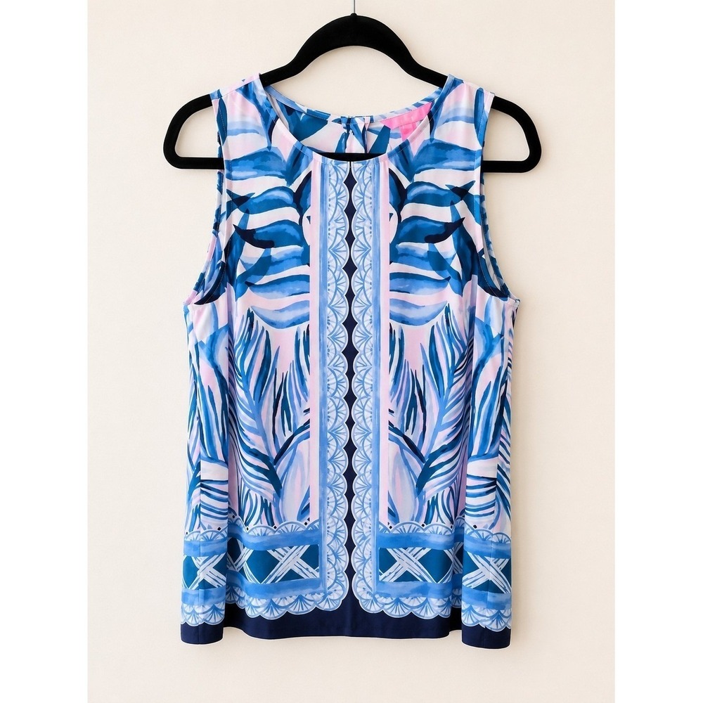 LILLY PULITZER Sleeveless Top Women Medium Blue Pink Tropical Leaf Back Button